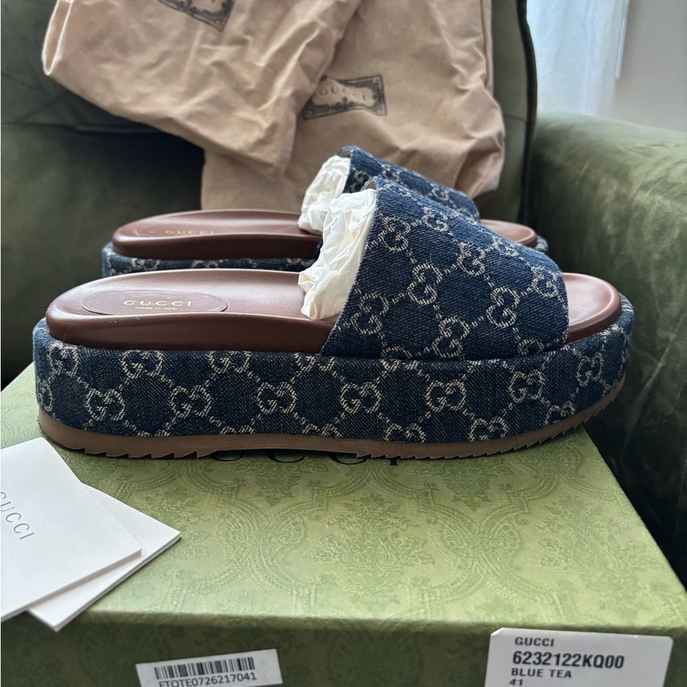 Gucci Blue Denim GG Canvas Platform Slide Sandals